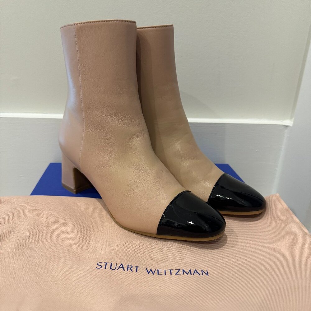 NEW NIB Stuart Weitzman Milla 60 Cap Toe Bootie Golden Beige/Black Size 6